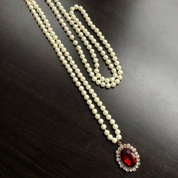 Handmade Layered Glass Pearl Long Red Pendant Necklace - Picture 6 of 7